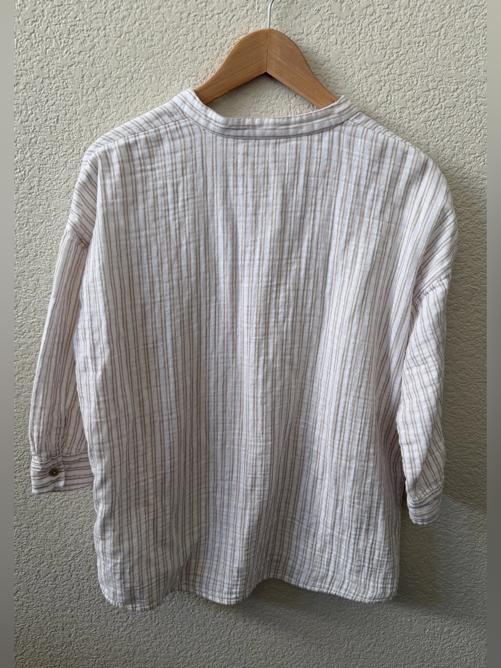 Eileen Fisher (M) Organic Cotton Mandarin Collar 3/4 sleeve Neutral Oat Stripe - Picture 2 of 10